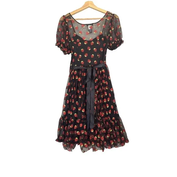 Hot Topic Strawberry Dress XS Black Red Glitter Coquette Pinup Novelty Retro - Picture 2 of 15